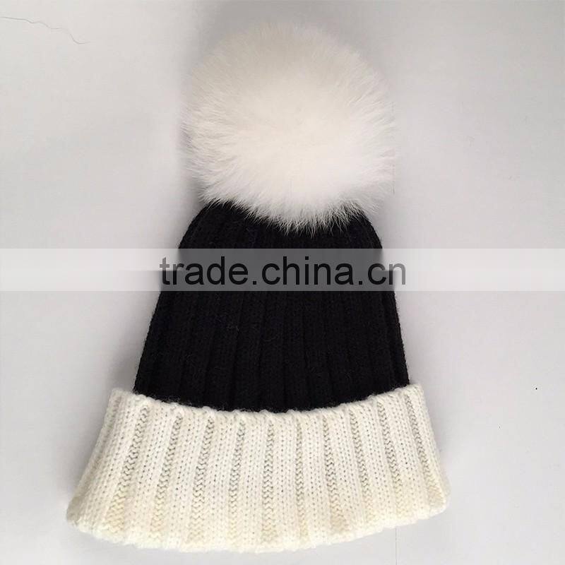 Myfur Classical Women Beanie Hat with Big Soft Real Fox Fur Pom Pom Knitting Cap