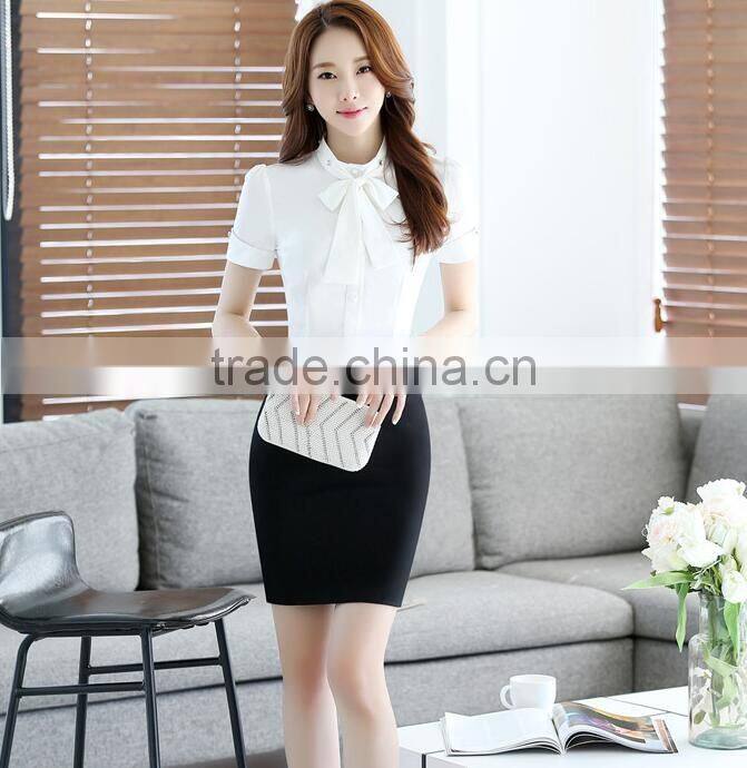 2017 Short Sleeve Korea White and Blue Women Office Blouse Stylish Formal Blouses For Ladies
