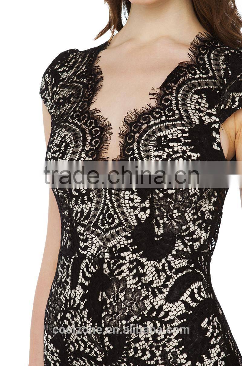 Sexy v neck cap sleeve lace dress wholesale halter lady lace evening dress 2016