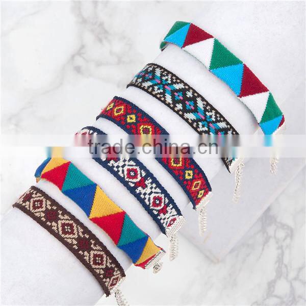 Fabric Boho Chic Bracelets Multicolor Cord Triangle Pattern Elastic 16.5cm long