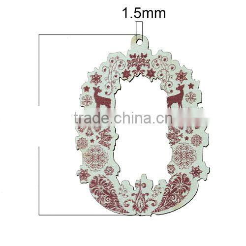 Oval Coffee Christmas Reindeer Pattern Wood Charm Pendants 4.1cmx3cm