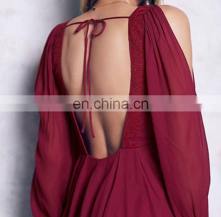 High quality cold shoulder chiffon dress, embroidered dress fashion