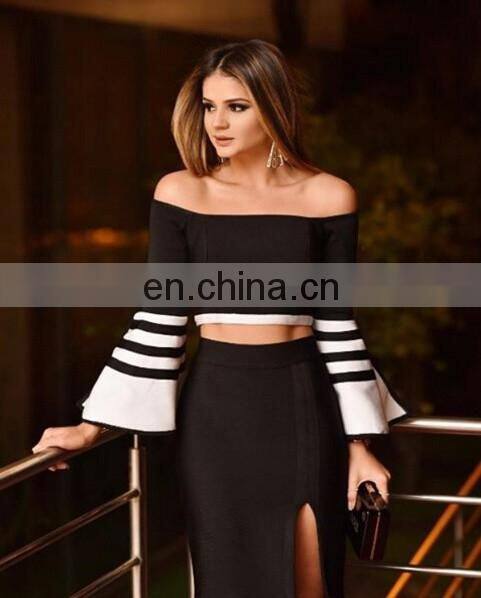 2017 new black and white strips navy style bandage dress 2pcs sets