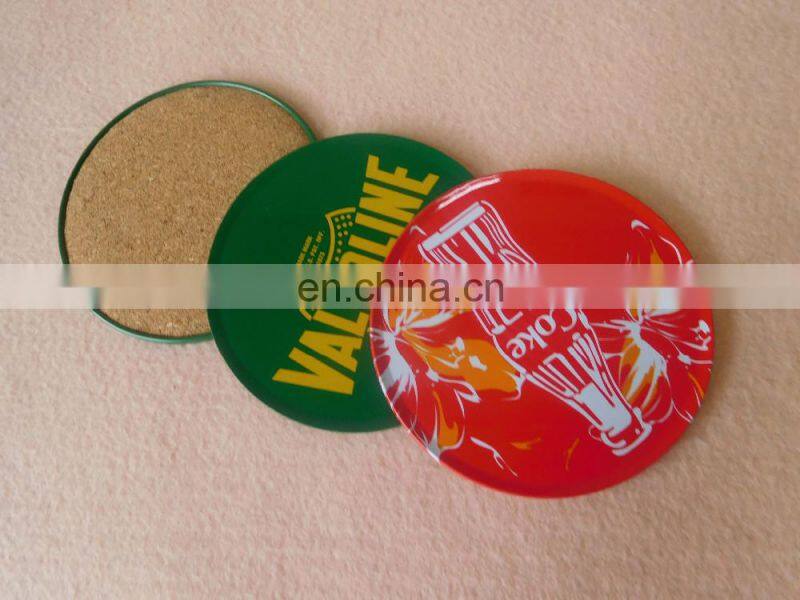Custom printing logo round tin coaster with cork back