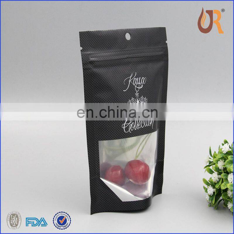 Matte stand up dried food packaging plastic zip lock bags round window black mylar bags