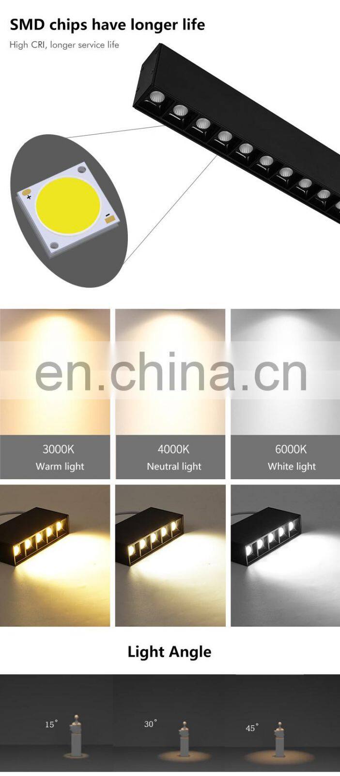 Black Aluminum Anti Glare Office Workplace Lighting System Surface Mounted 10W 20W 30W Led Linear Downlight