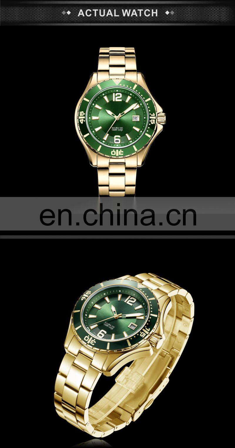 Green men stainless steel watch gold fashion quartz rotation waterproof dive watches top brand luxury men watch