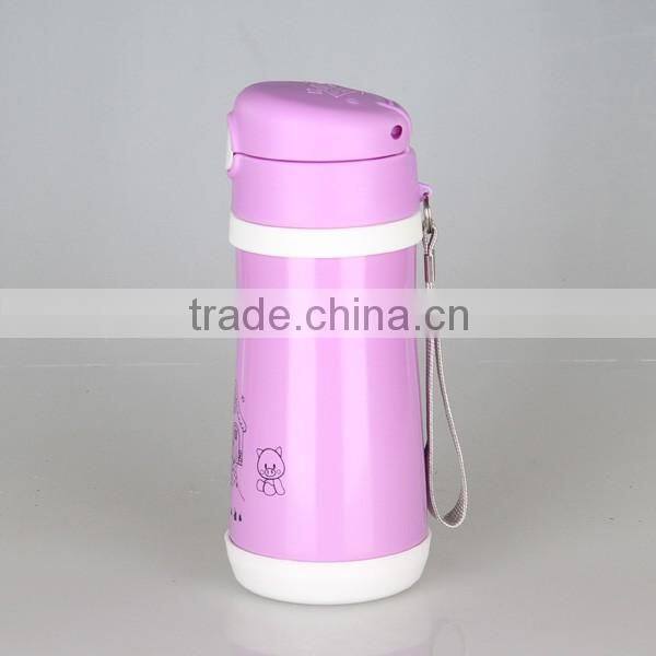 Double wall pink vacuum flask for kids with inner cap straw and carabiner vacuum flask