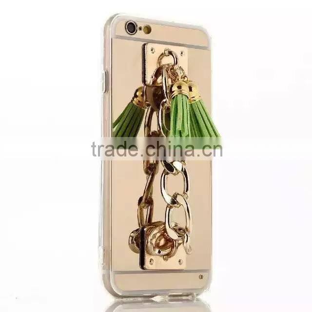 Luxury Tassel Metal Chain Mirror Rubber TPU Mobile Phone Cover Case For Apple iPhone 5G 5S 6S 6 Plus