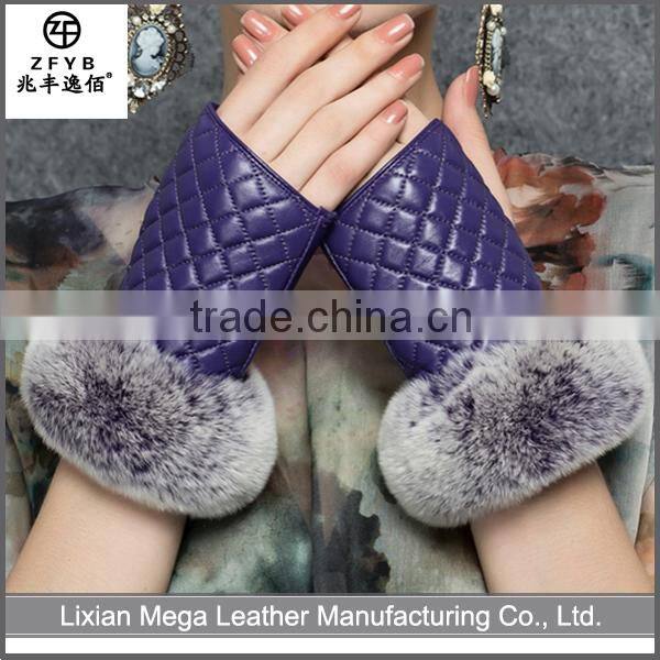 High quality cheap custom unlined rabbit fur purple color fingerless leather gloves