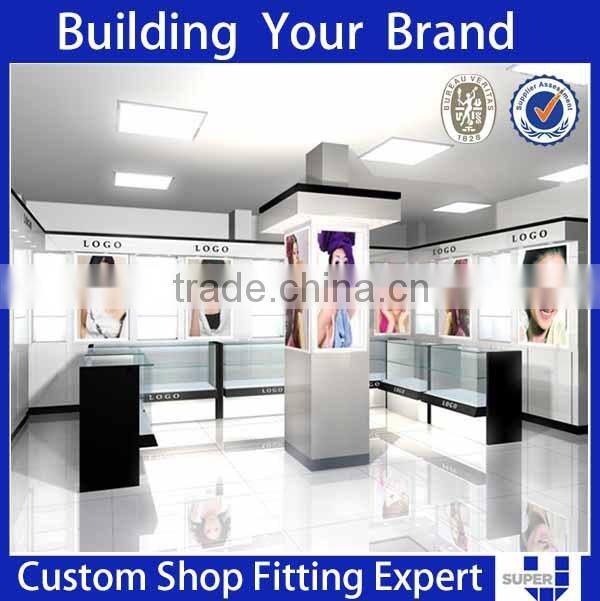 tailor made lighting wooden cabinet display for cosmetic shop