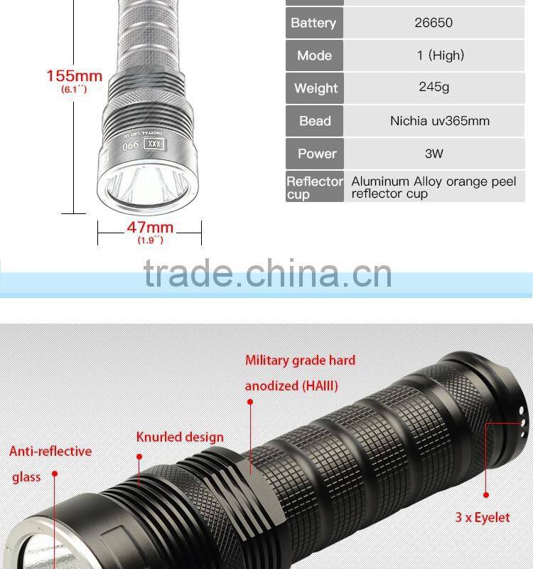 Professional Fluorescent Nichia Ultraviole 365nm 3w 26650 battery aluminum alloy Led flashlight
