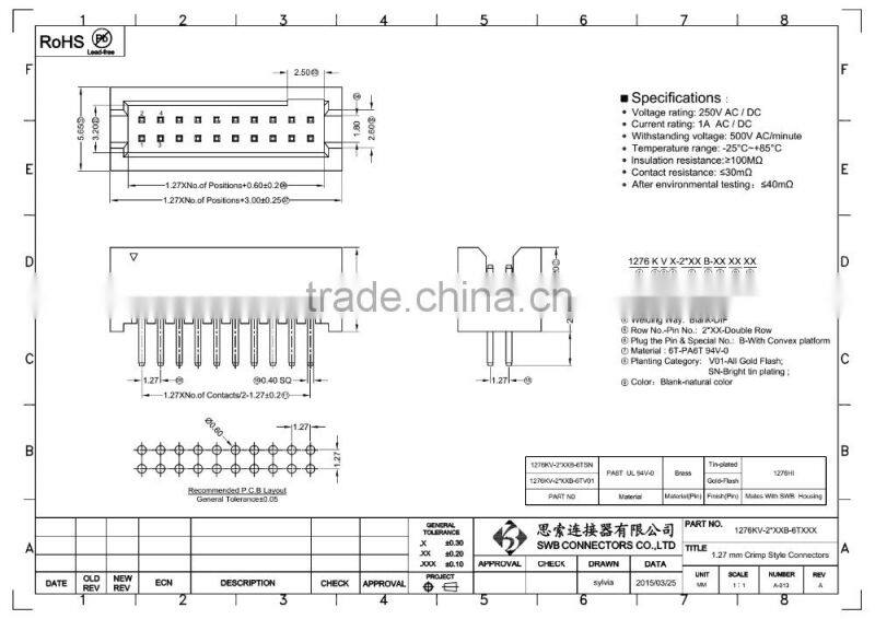 1.27MM Pitch Box header electric connectors PLASTIC DIP