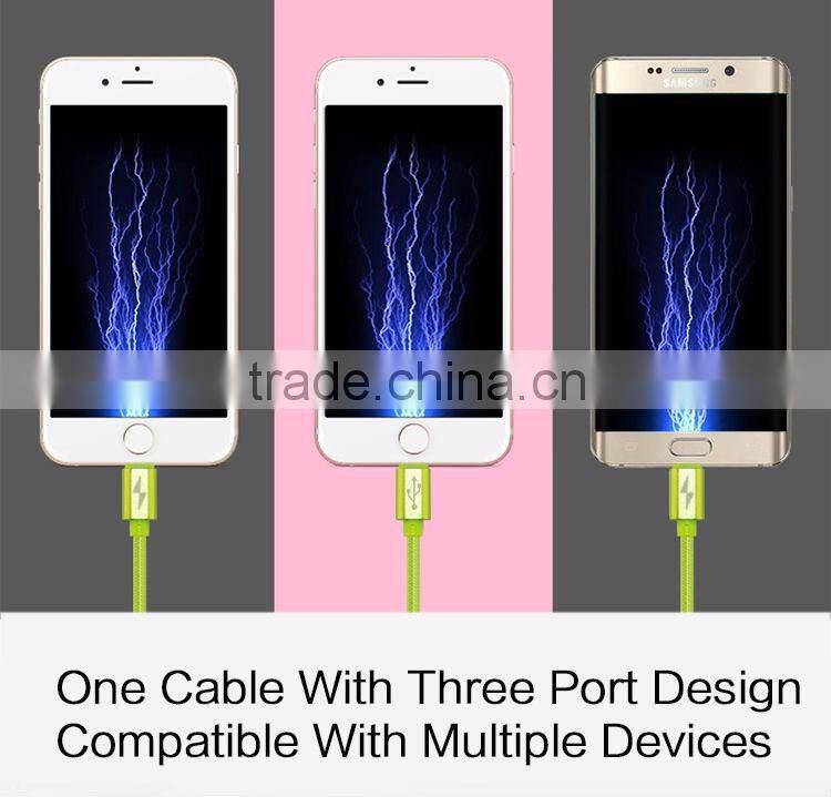 Highend 3 in 1 Mobile Phone cable 100cm micro usb Aluminum Alloy for Android& Iphone 5 cables Nylon Weave charging USB Line
