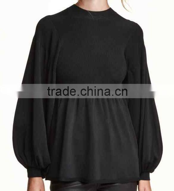 Alibaba express china ladies' round neck balloon sleeve pullover plain knitted sweater