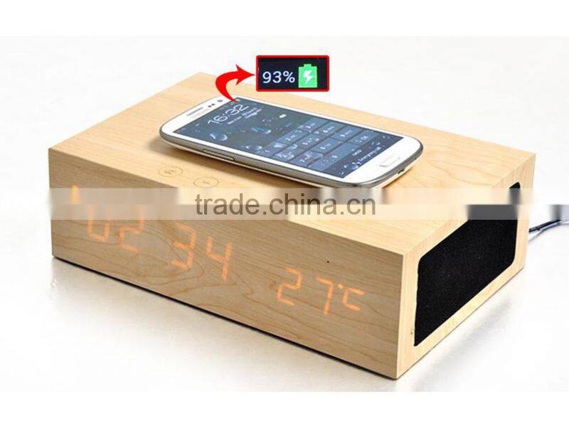 Wooden Bluetooth speaker with LED clock and QI wireless charger(F-1141)