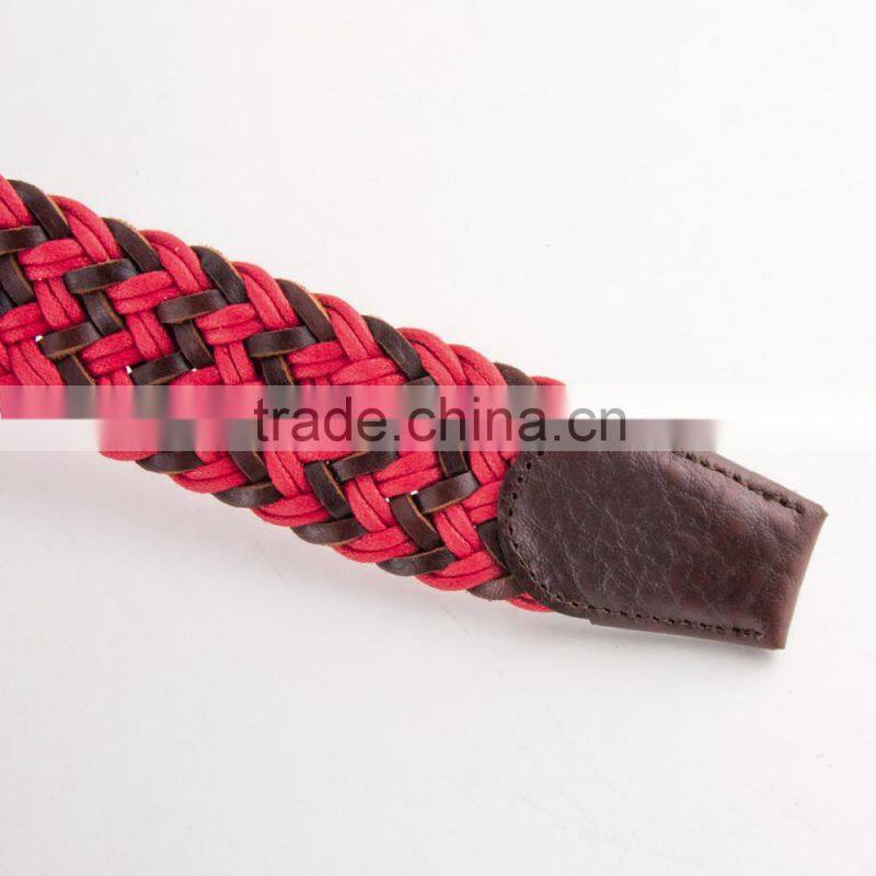 Brown Leather Red Cotton Mesh Weave Belt