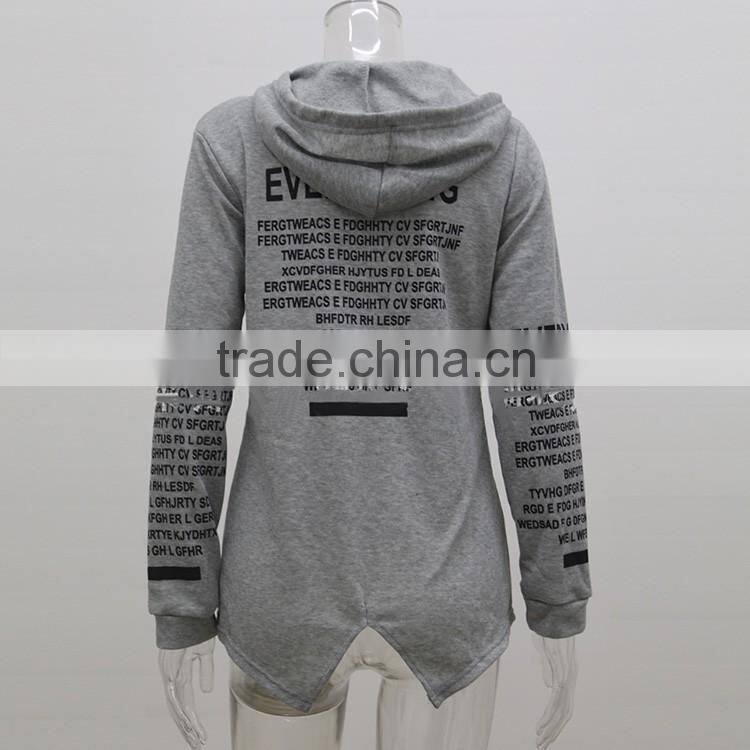 Wholesale 2016 Fashion Women Slit Back Letters Printed Hoodies Ladies Alphabet Long Velvet Zip Up Custom Hoodie Manufacturers