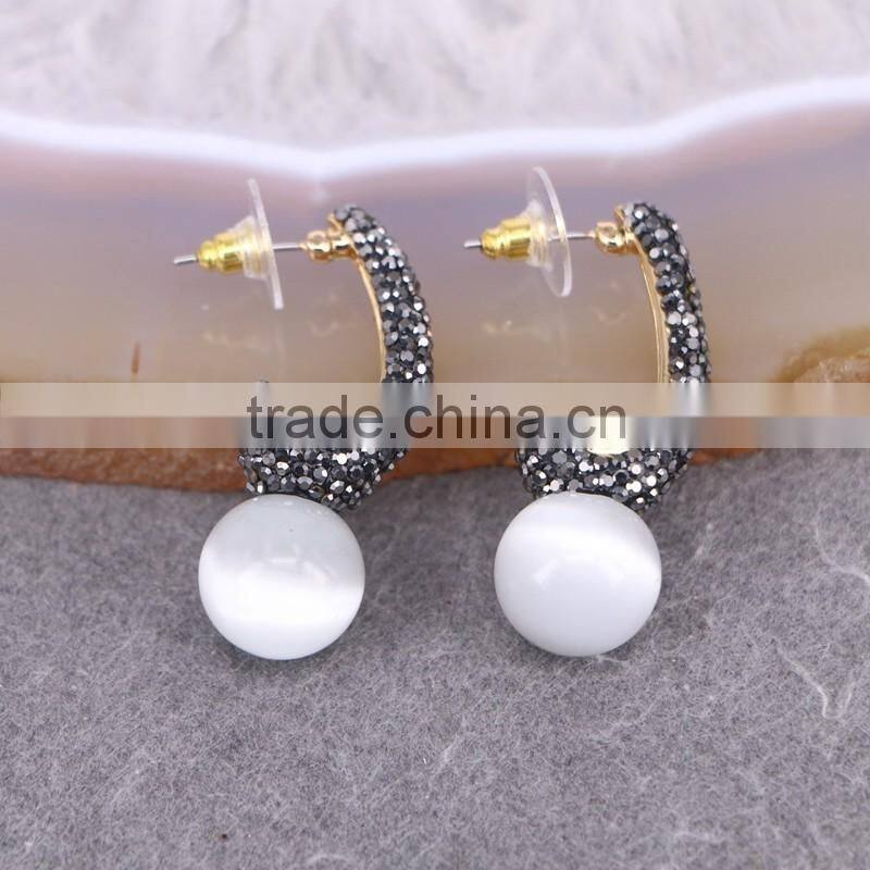 White Round Cat's Eye Earring, Metal Copper Gold Cuff Earrings, pave rhinestone stud Earring
