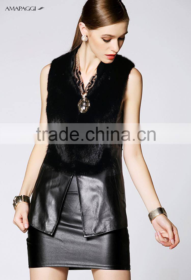 China custom women black leather vest with fur