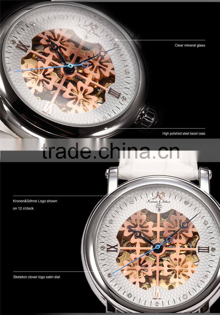 2015 Fashion Roman White Leather Band Skeleton Mechanical Automatic Men Watch