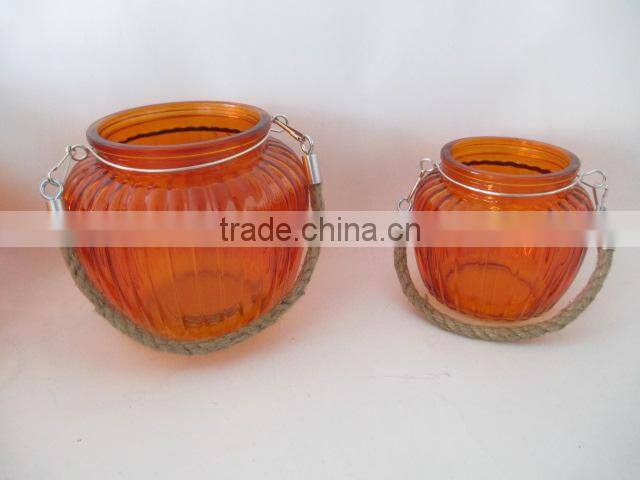 Christmas Decor Ball Shape Flecked Orange Glass Ribbed Unique New Candle Jar