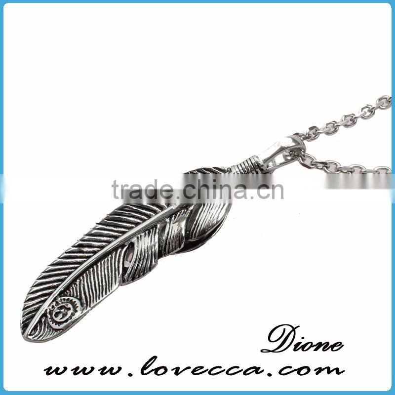 Newest design high quality titanium steel antique silver feather pendant for men necklace