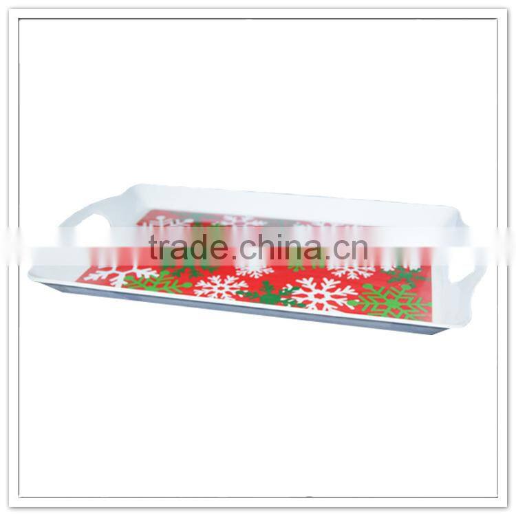 Promotion snowflake & tree printed X'mas banquet serving trays, anti-slip Christams party melamine plastic food tray with handle