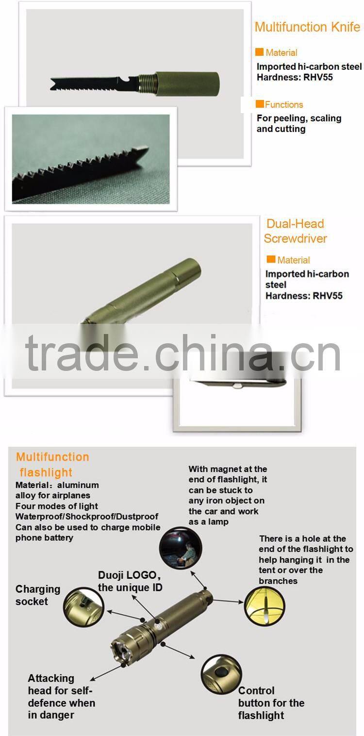 Heavy-Duty Multi-function Tactical Shovel with Hoe Hammer Knife Flashlight Fire Starter