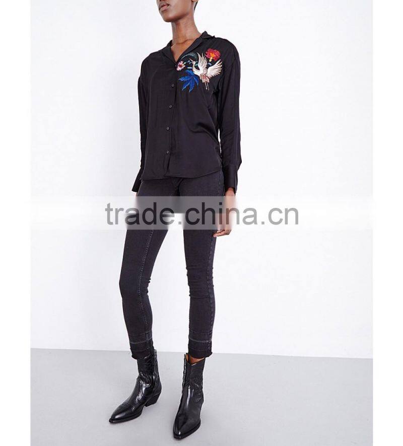 Wholesale Women Black Long Sleeves Hoxton Bird Embroidered Satin Shirt(DQE0108T)
