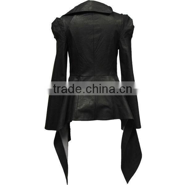 Special Deisgn Cool Style Long Flared Side Neck Design Black Leather Jacket for Women