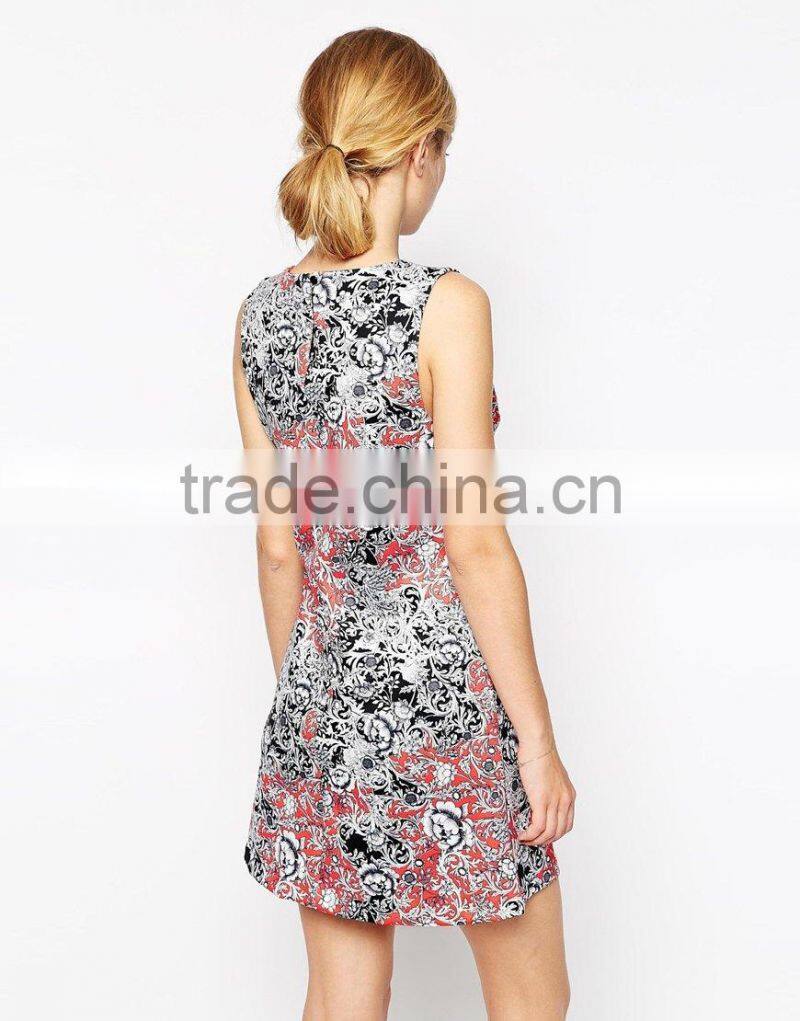 2016 Summer Floral Print Women Round Neck Sleeveless waist Midi Prom Dress