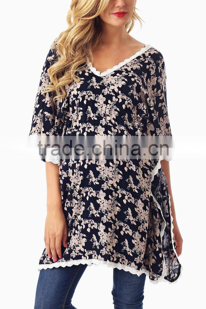 NAVY BLUE MOCHA FLORAL PRINT CROCHET TRIM MATERNITY WEAR