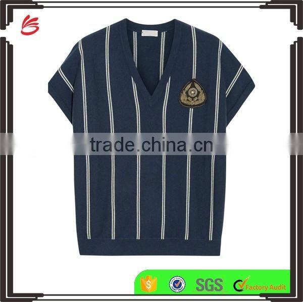 Hot Sale Navy and White Sleeveless Striped Knitted V-Neck Sweater for Women