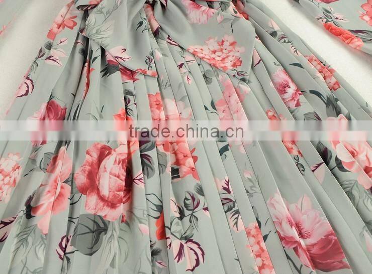 Ladies full printing bouffant lotus long sleeve temperament dress with belt