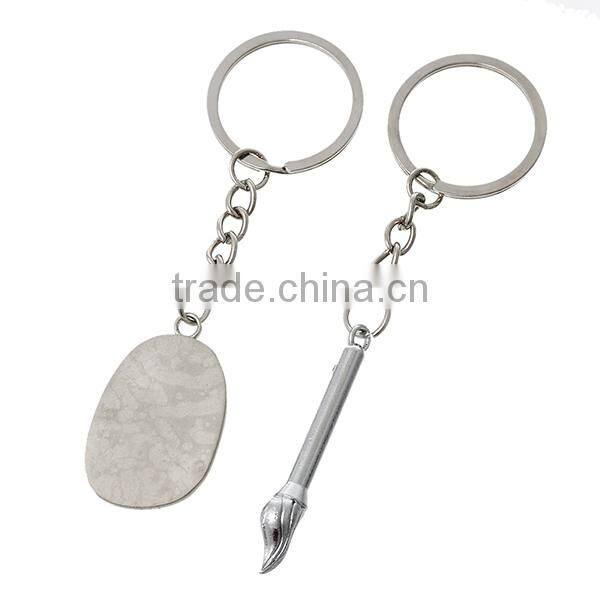 Couple Brush Pen & Inkstone Silver Tone Message "Love You" Carved Enamel Fuchsia Key Chains Key Rings