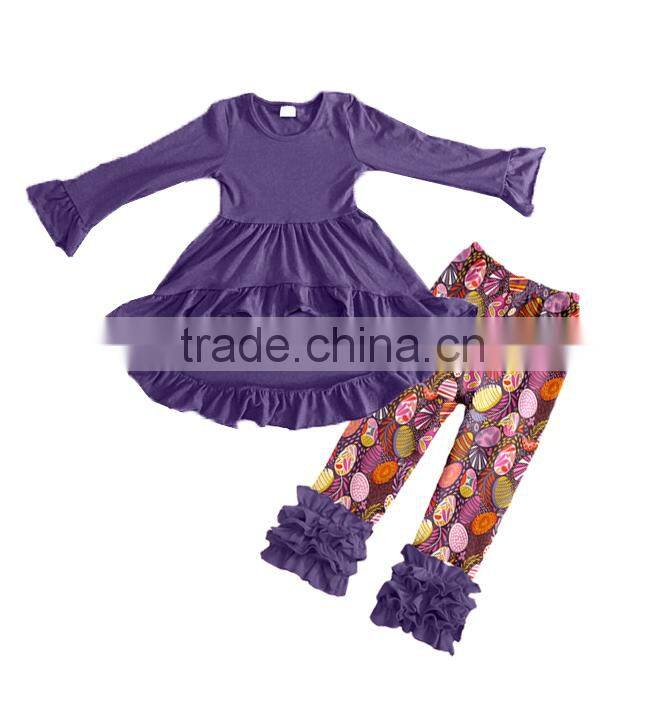 Newest arrival baby girl boutique clothing sets infant baby girls purple cotton ruffle dresses clothes sets and egg pants