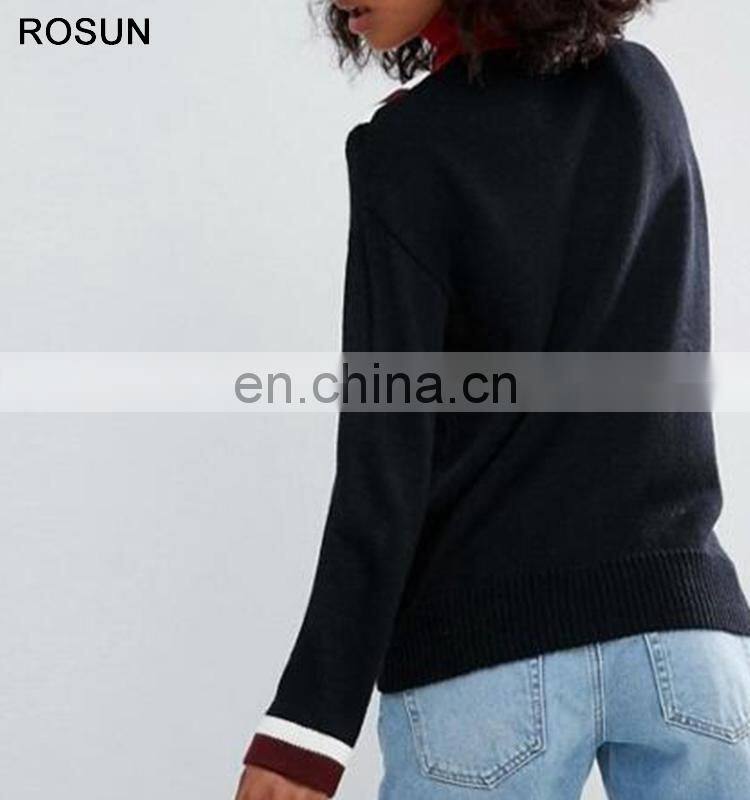 Black Sweater as long sleeve high neck tops with latest chevron design for women of knit clothing