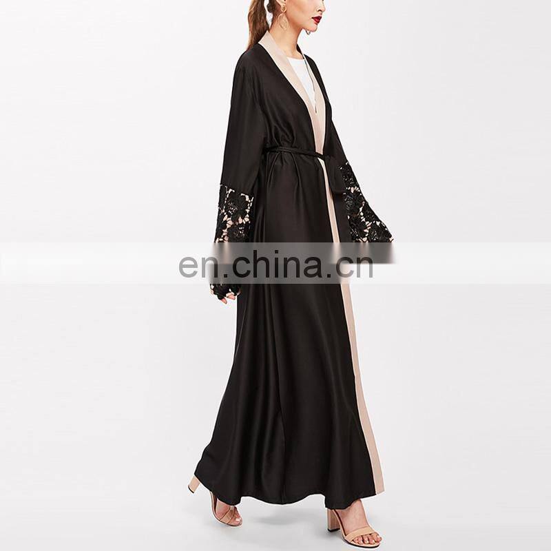 OEM factory contrast floral lace modern open abaya for malaysia