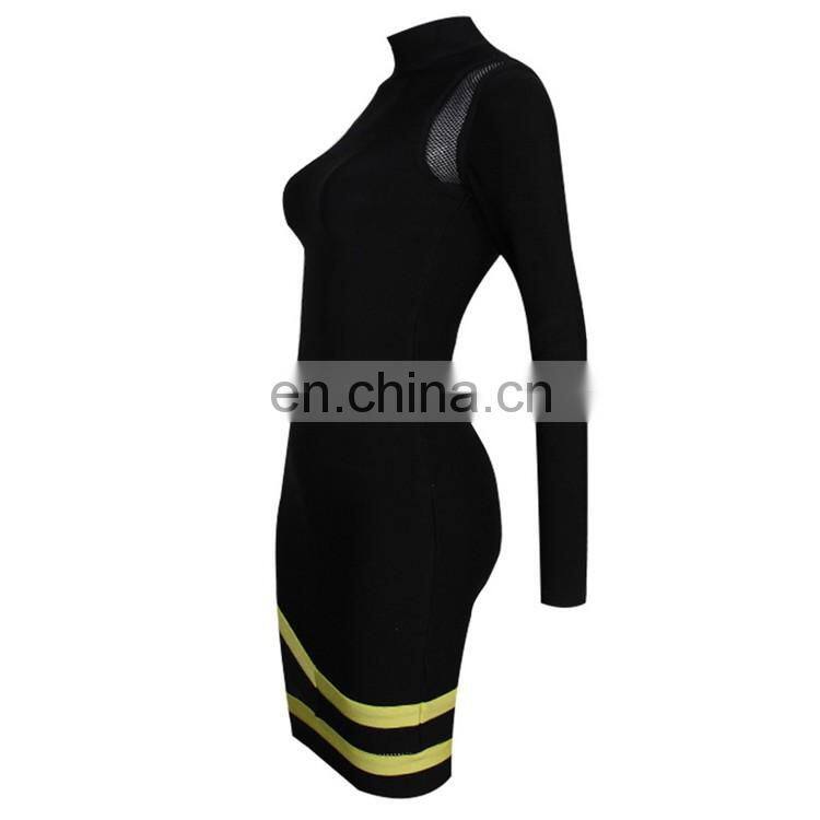 Amigo 2017 new designer black long sleeve high neck mesh midi sexy lace bandage dress evening dresses for women club wear