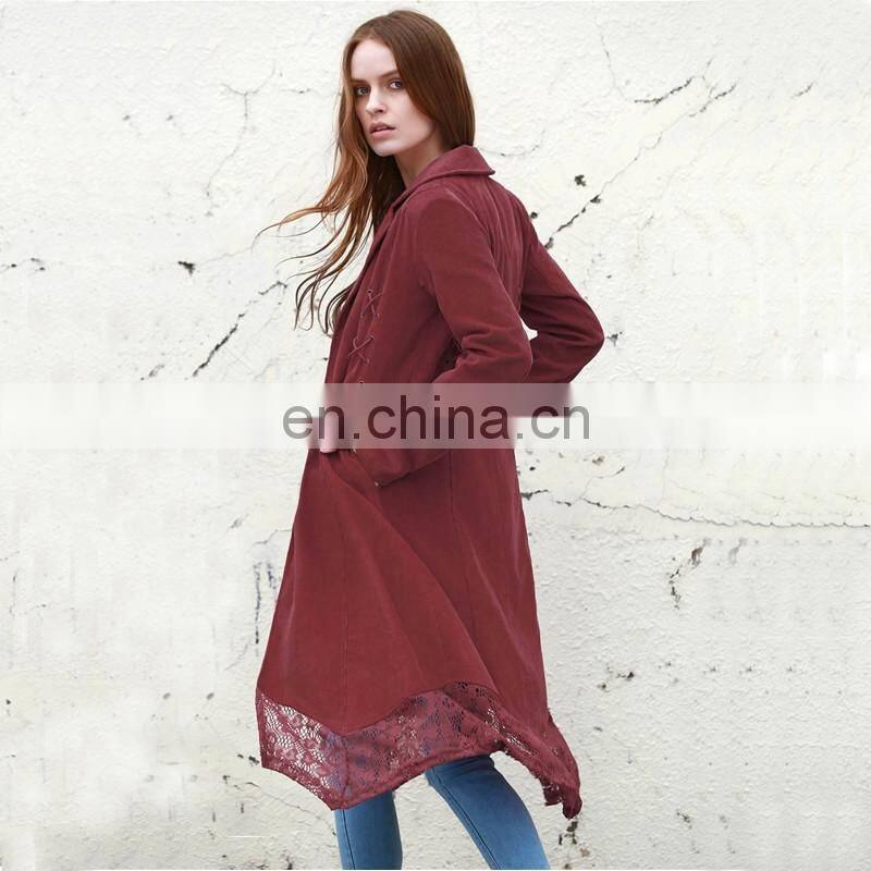 Fashion lapel design khaki lace spliced long women trench coat
