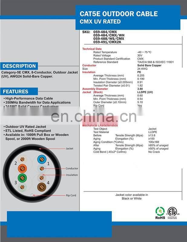 Cat5e UTP UV Jacket Outdoor CMX 1000ft Black Bulk Ethernet Cable