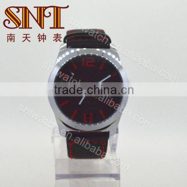 Sport quartz watch black leather strap with red lines