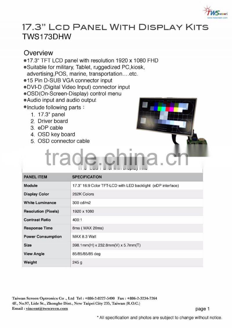 17.3" 16:9 Color Lcd module with led backlight eDP interface with 300 cd/m2