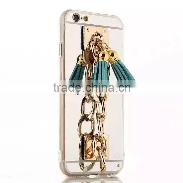 Luxury Tassel Metal Chain Mirror Rubber TPU Mobile Phone Cover Case For Apple iPhone 5G 5S 6S 6 Plus