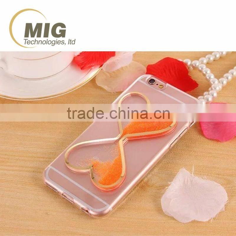 Fasion Designed 3D Heart-Shaped quikcksand cell phone case, transparent Soft TPU cover for iphone 6/6s