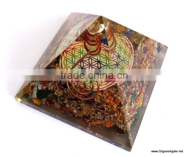 Big Orgone 7 Chakra Stone Pyramid With Flower Of Life Symbol And Crystal Point | Chakra Pyramid