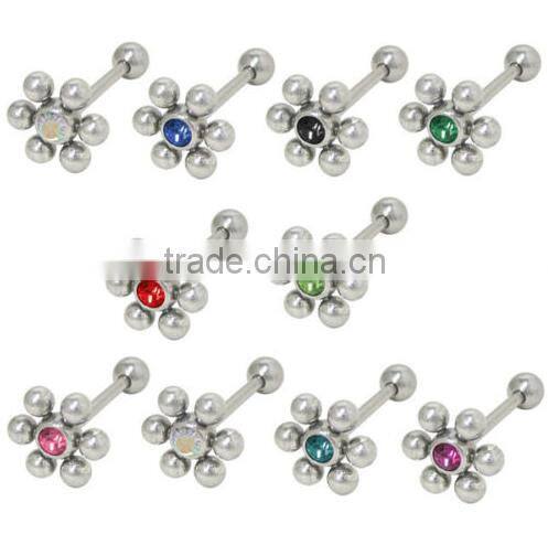 Barbell Tongue Ring With Jeweled Flower