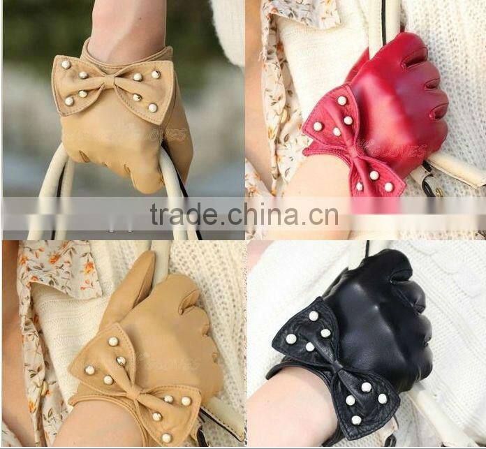 ZF1049 girls bowknot design sheep Leather Gloves