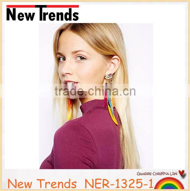 Fashion new design colorful long feather earring with clear crystal